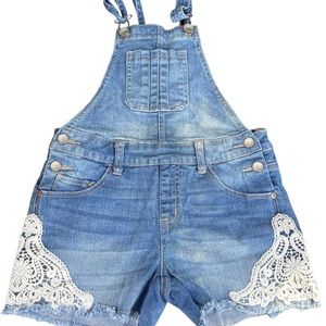 GIRLS JUSTICE OVERALL SHORTS DENIM 14R LACE APPLIQUÉ